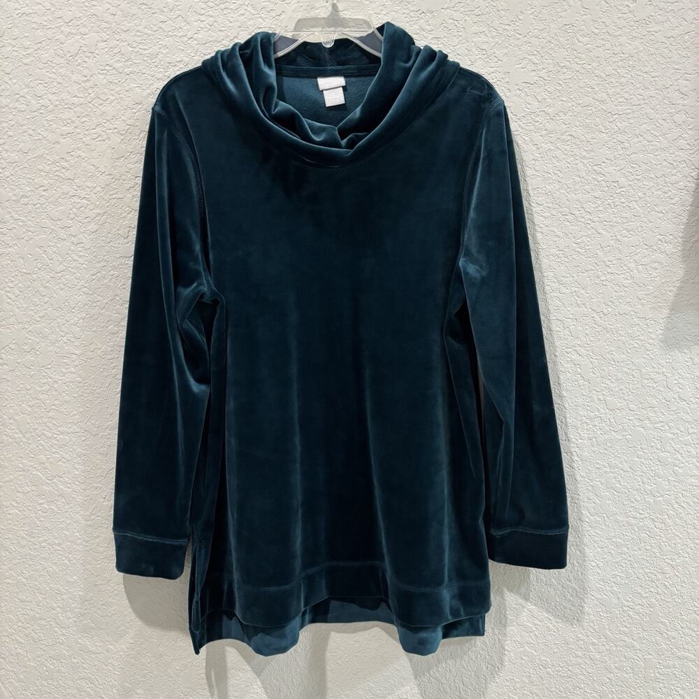 Chicos Zenergy Velvet Cowl Neck Tunic Top Womens 2 L Teal Long Sleeve Stretch